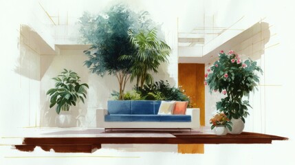 Interior sketch showcasing indoor plants and a stylish seating area in a modern living room