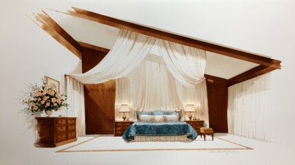 Hand drawn interior concepts showcasing a luxurious bedroom with elegant drapes and rich wooden details for a cozy, inviting atmosphere