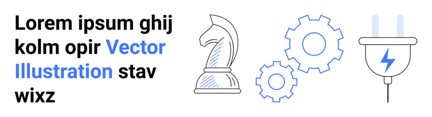 Chess knight for strategy, gears for efficiency and process, electric plug for innovation and energy, text for communication. Ideal for business, strategy, energy, innovation, process workflow