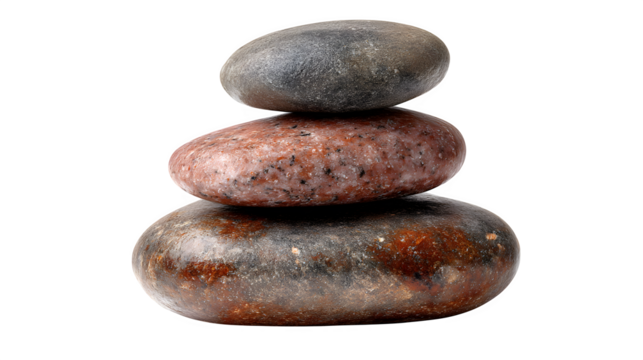 Three stacked pebbles in perfect balance, semi-polished texture with visible mineral inclusions, isolated on transparent background
