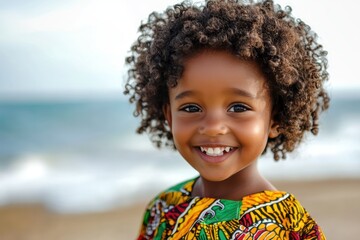 Smiling african child in colorful outfit on beach