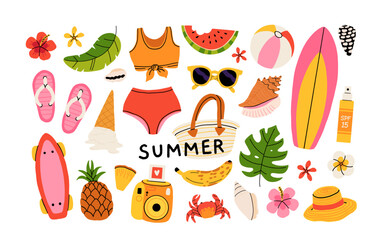 Set of summer stickers. Icons for tropical vacation. Flat vector seasonal collection with ice cream, pineapple, tropic leaves, plumeria, watermelon, surfboard, beach accessories, swimsuit