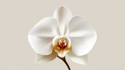 A white orchid with smooth, soft petals centered against a clean ivory background, minimalist elegance