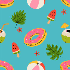 Seamless pattern with summer Icons for tropical vacation. Flat vector seasonal collection with ice cream, pineapple, tropic leaves, plumeria, watermelon, surfboard, beach accessories, swimsuit