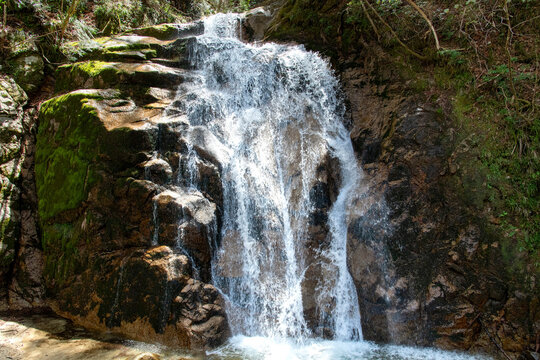 The Odaki and Medaki Waterfalls located along the hiking trail or footpath of the Nakasendo Trail, which traverses the Kiso Valley between Magome and Tsumago in Japan