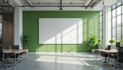 Modern Green Office with Blank Canvas and Sunlight