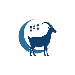 Vector logo goat, moon icon, Eid al-Adha silhouette, festival lantern vector logo, Islamic goat design, blue moon goat symbol art , illustration, Eid-ul-adha


