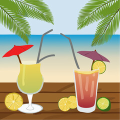 Vector art of summer cocktails—mojito, piña colada, margarita—in vibrant glasses with fruit garnishes, ice, citrus slices, palm leaves on a beachy wood table. Tropical vibe!