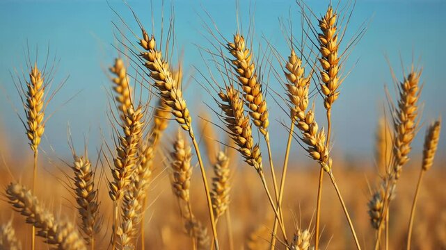Golden wheat spikes sway gently in the summer breeze under clear sky Ripe grain field reflects fullness of harvest season and traditional celebration of Lammas and Thanksgiving