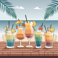 Vector art of summer cocktails—mojito, piña colada, margarita—in vibrant glasses with fruit garnishes, ice, citrus slices, palm leaves on a beachy wood table. Tropical vibe!