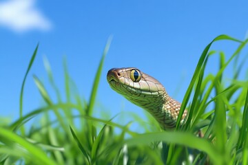 Snake rests calmly in green grass under blue sky