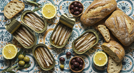 Assortment of Sardine Cans, Bread, Olives, and Lemon Slices on a Patterned Cloth
