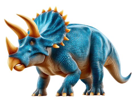 Vibrant Triceratops on Display: A majestic triceratops, with its three prominent horns and frill, strides confidently. The dinosaur's impressive features come to life in exquisite detail.