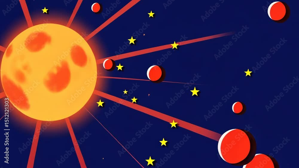 Poster a red and yellow sun with a blue background. there are stars in the background. there are also red a
