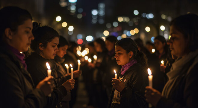 Latino Women Holding Candles at Night in Remembrance and Protest, Selective Focus