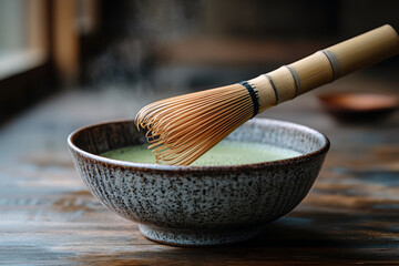 Bamboo tea whisk stirs vibrant matcha in a rustic bowl, releasing small particles into the air. The tranquil setting evokes a calm Japanese tea ceremony, embodying harmony and tradition