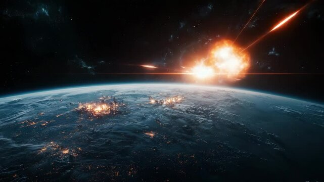 A massive explosion occurs in space above Earth, with fiery impacts and devastation visible on the planet&rsquo;s surface.