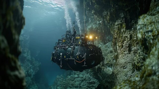 A deep-sea submersible explores a rocky underwater cave with its lights on, surrounded by clear blue water and bubbles.
