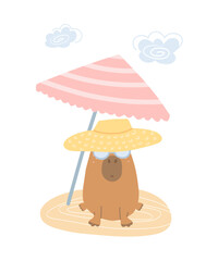Vector illustration of a cute capybara relaxing on the beach under a colorful umbrella, wearing stylish sunglasses.  