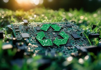 Electronic Waste Management: A Macro Shot of Green Recycling Symbols on a Circuit Board Surrounded by Vibrant Greenery, Highlighting Environmental Sustainability and Technology