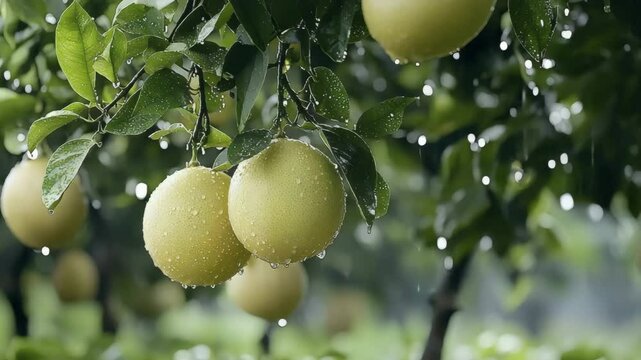 Two ripe pomelos hanging from a leafy tree branch, covered in fresh raindrops during a rainfall.