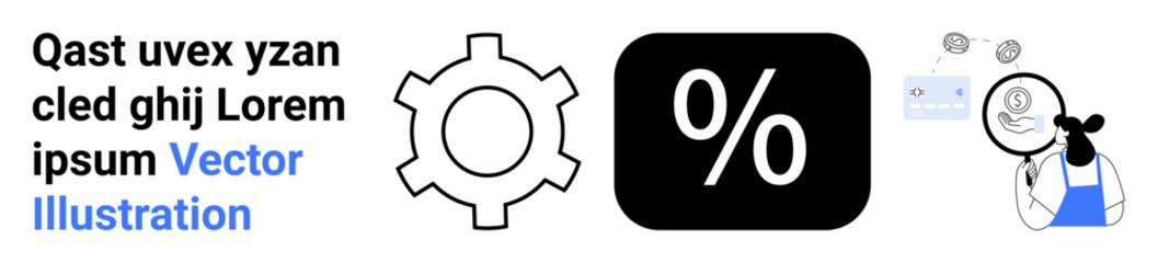Percentage icon, gear symbol, and woman analyzing information with a magnifying glass. Ideal for finance, analytics, data management, process optimization, problem-solving, calculations simple
