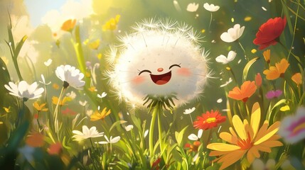 A happy dandelion in a field of flowers, bathed in sunlight.