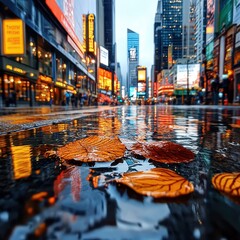Rainy City Street at Night with Autumn Leaves Reflections