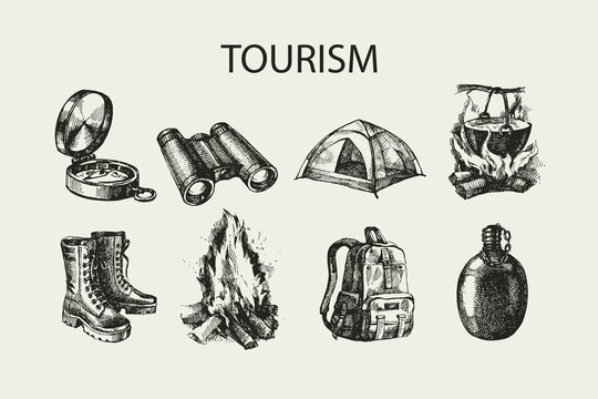 Hand drawn camping and outdoor gear set in retro style. Hiking design. Vintage sketch vector illustration