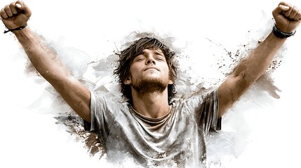 Man Celebrating with Arms Raised Outdoors Triumphant Success