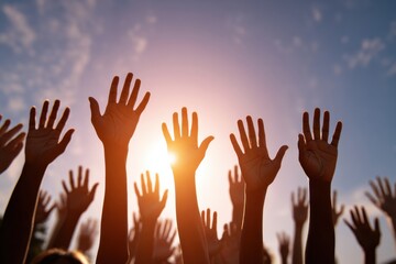 Obraz premium Raising hands in unity community gathering photo outdoor close-up empowerment and support
