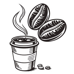 a coffee cup with a hot beverage and beans on the side, with a piece of bread in the background