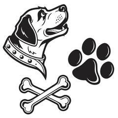 a dog with a collar and a bone in front of it and a paw print on the side of it