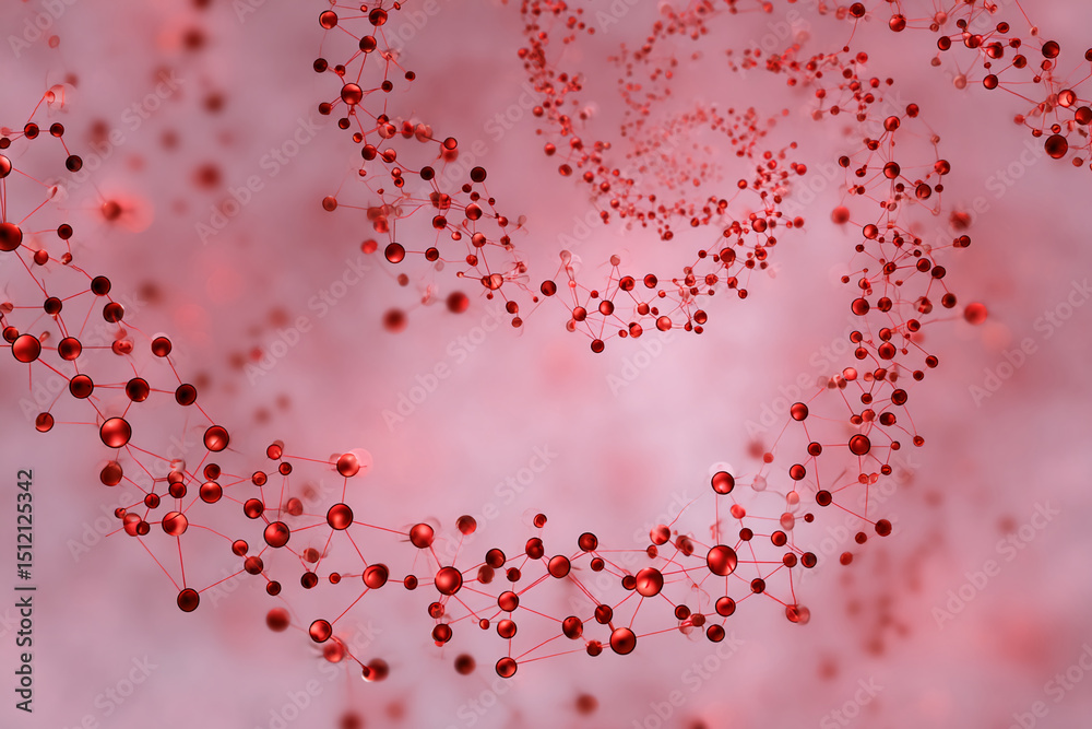 Poster Abstract image of interconnected red spheres on a pink background, creating a swirling molecular structure, symbolizing connection, network, or scientific concepts