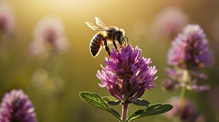 Bee hovering above blooming purple clover with blurred background, golden backlight
