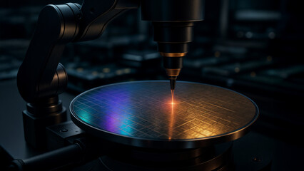 Obraz premium Close-up of a robotic arm working on a microchip wafer in a high-tech manufacturing environment.
