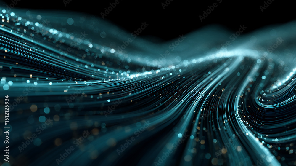 Fototapete Abstract teal lines curve, creating a flowing, dynamic texture with sparkling accents, symbolizing technology, movement, and data flow, ideal for digital backgrounds