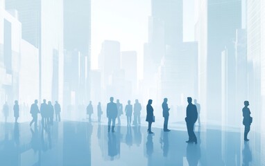 Double exposure of a group of business people standing in the foreground, with skyscrapers in the background, featuring a light blue color theme, white 