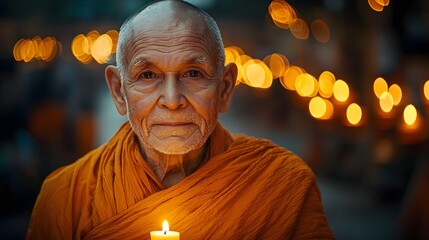 Serene elderly Buddhist monk portrait illuminated by warm candlelight