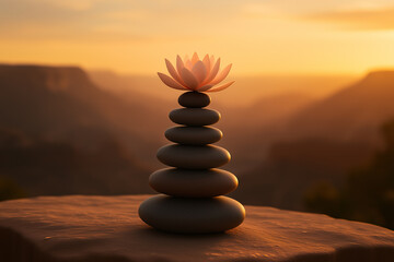 A stack of smooth stones topped with a lotus flower is set against a serene sunset backdrop, symbolizing tranquility and balance.