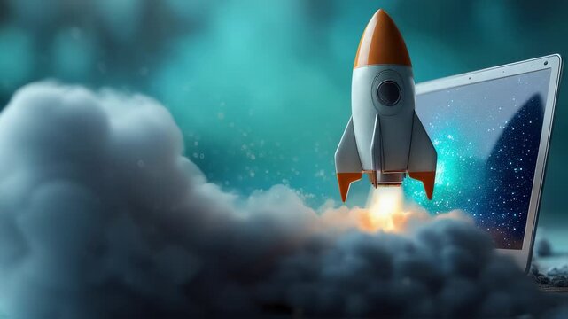 Laptop rocket launch concept for startup businesses and innovative technology ideas