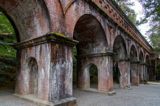 Ancient aqueduct (Suirokaku) near the Nanzenji Temple, Kyoto, Japan built in the style of the Romans contstructed in Meiji Era with flow of water transported from Lake Biwa into Kyoto