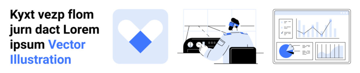 Blue app logo, person analyzing data on multi-screen dashboard, charts showing metrics. Ideal for teamwork, analytics software, business research, user interface design, collaboration, startups