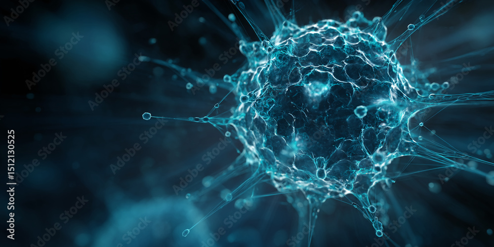 Poster close-up of a teal, translucent cellular structure with intricate network, suggesting complexity and