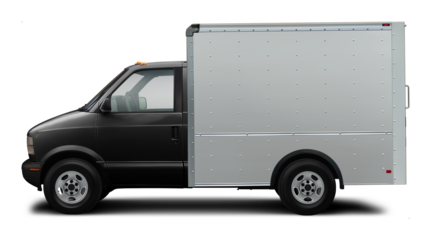 Classic compact american delivery truck side view. With white van and black cabin. In png format on transparent background.