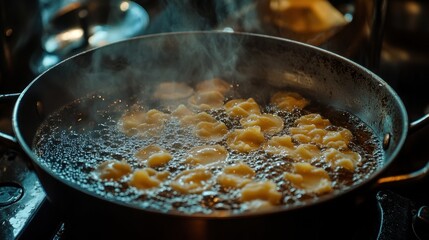 Surface of a pot filled with small, round egg sheets floating in hot syrup