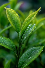 Vibrant Green Leaves with Morning Dew in Natural Setting