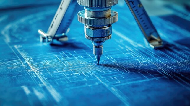 Architectural blueprints with a precision instrument.