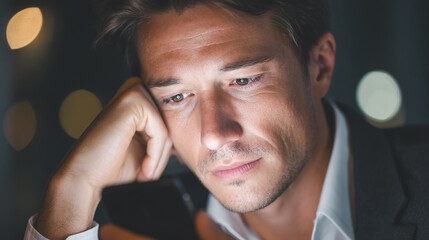Sad businessman looking at smartphone screen.