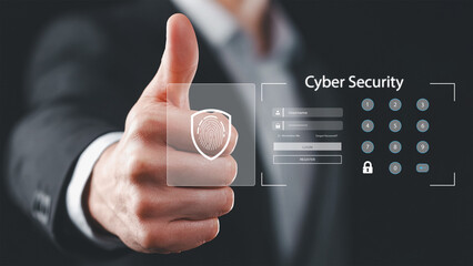 Businessman using fingerprint cybersecurity approving password.